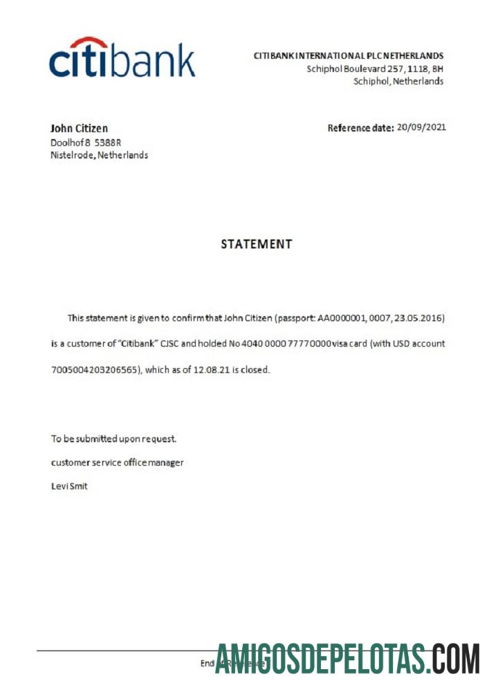 Referência de fechamento do Citibank na Holanda exemplo real